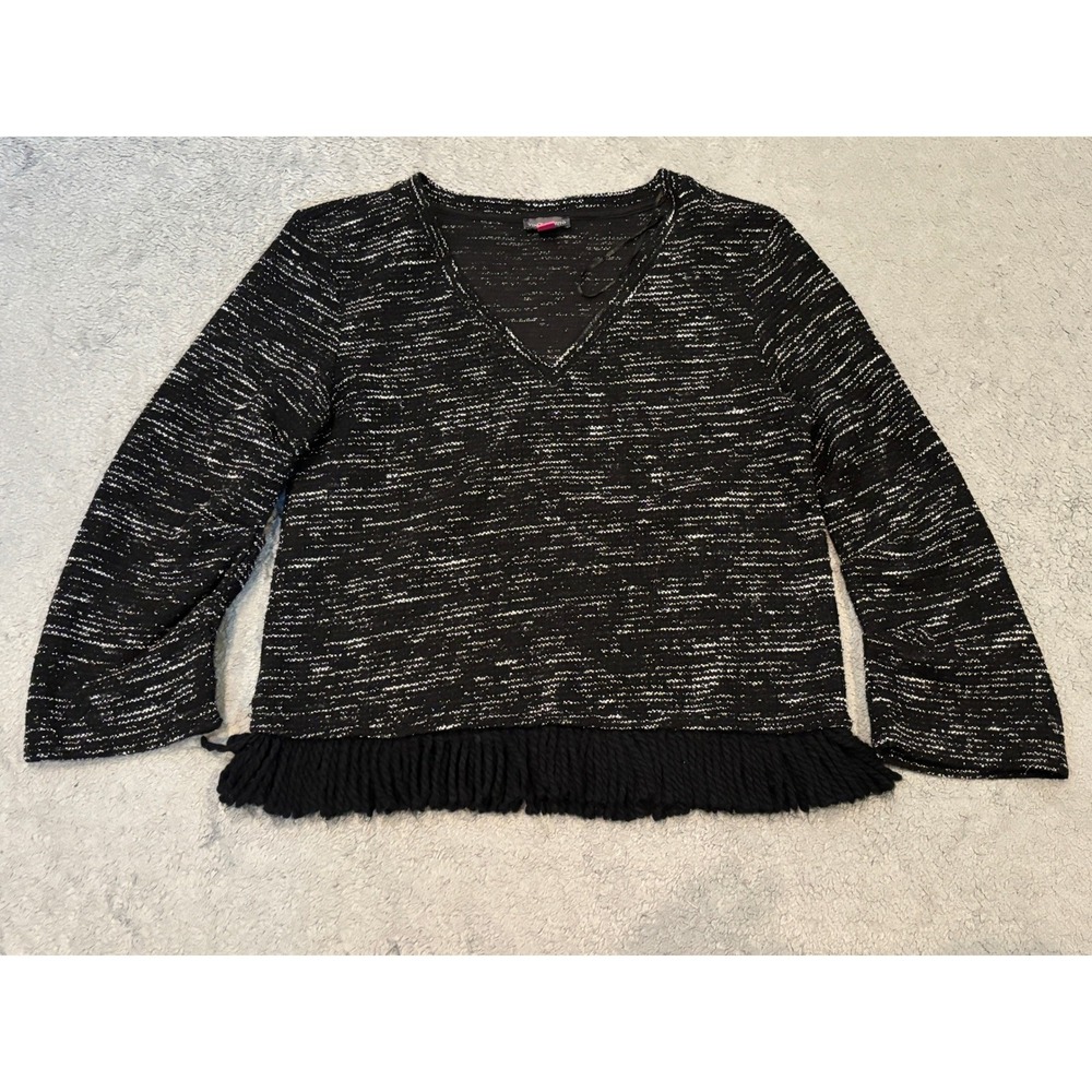 Vince Camuto Womens Space Dye V-Neck Sweater Black White Fringe Hem Bell Sleeve